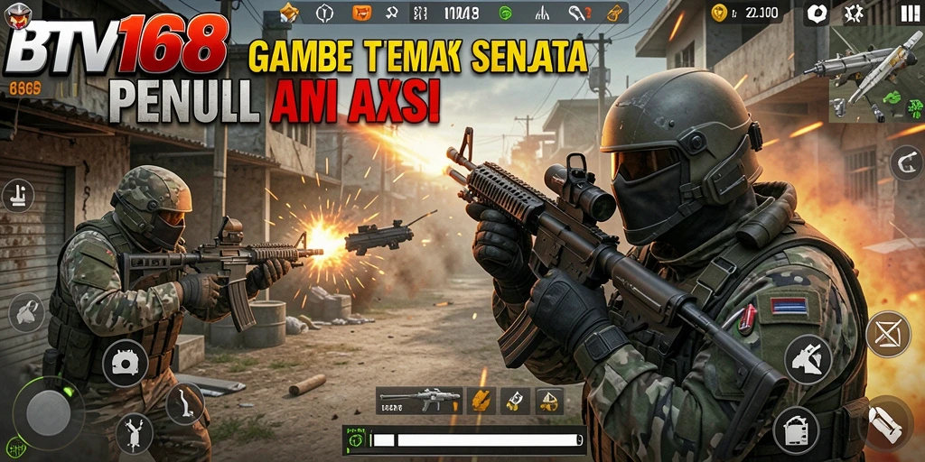 Tampilan antarmuka BTV168 dengan karakter dan senjata yang bervariasi.