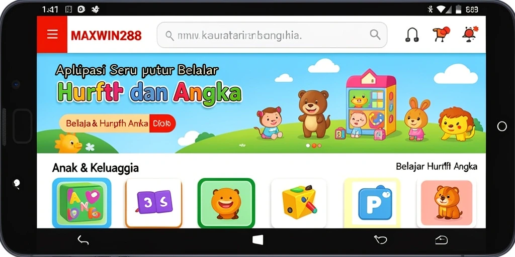 Tampilan antarmuka aplikasi MAXWIN288 untuk belajar huruf dan angka.